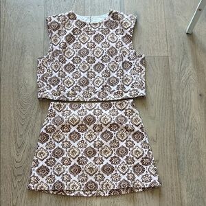 Brown and Cream Patterned Sleeveless Top and Skirt Set